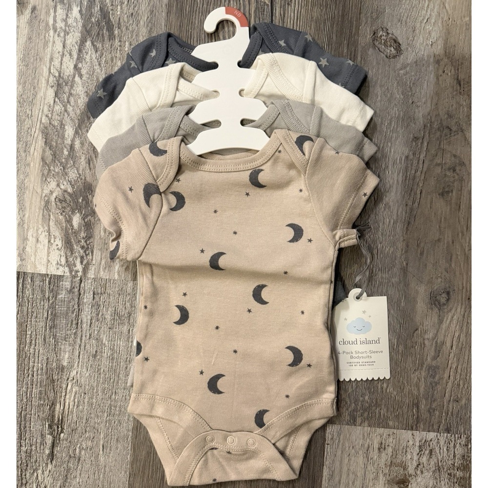 NWT Cloud Island Newborn 4 pack Short Sleeve Cotton‎ Bodysuit Moon Stars Unisex